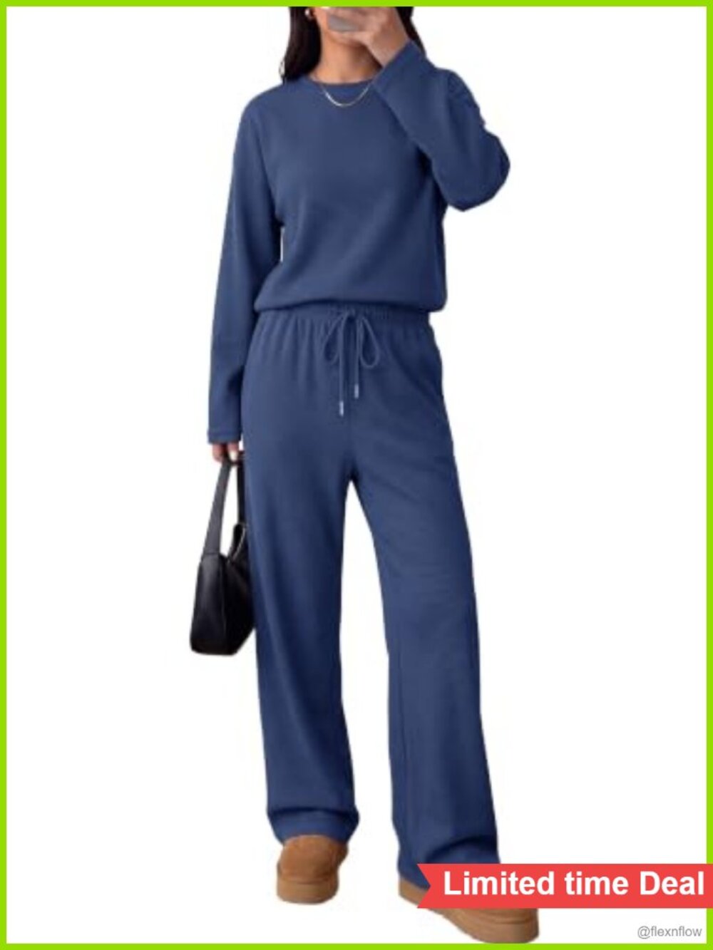 Waffle Knit 2 Piece Lounge Set Crewneck Top Wide Leg Pants Tracksuit